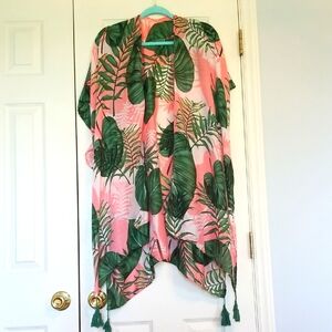 Janice Apparel Pink and Green Leaf Print Cover Up, OS